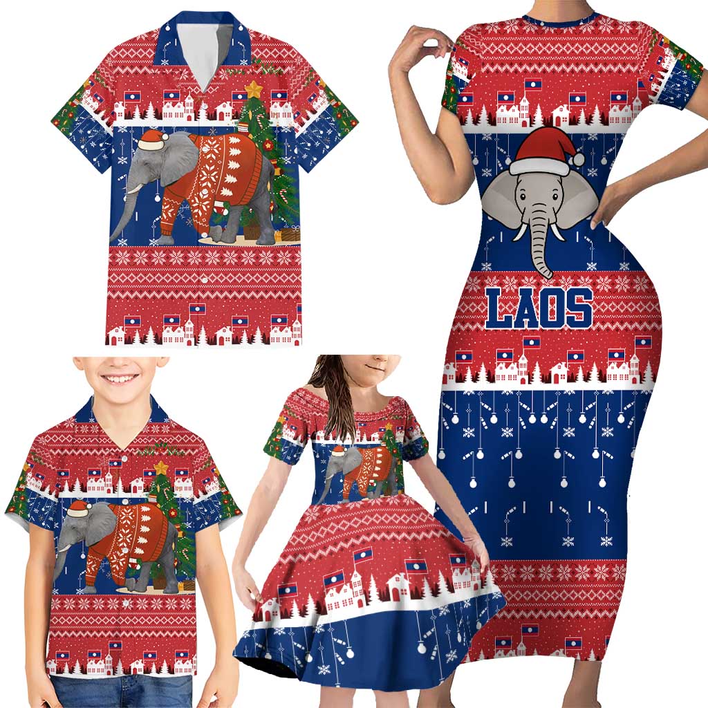 Laos Christmas Family Matching Short Sleeve Bodycon Dress and Hawaiian Shirt with Festive Elephant Design and Holiday Village Pattern - Wonder Print Shop