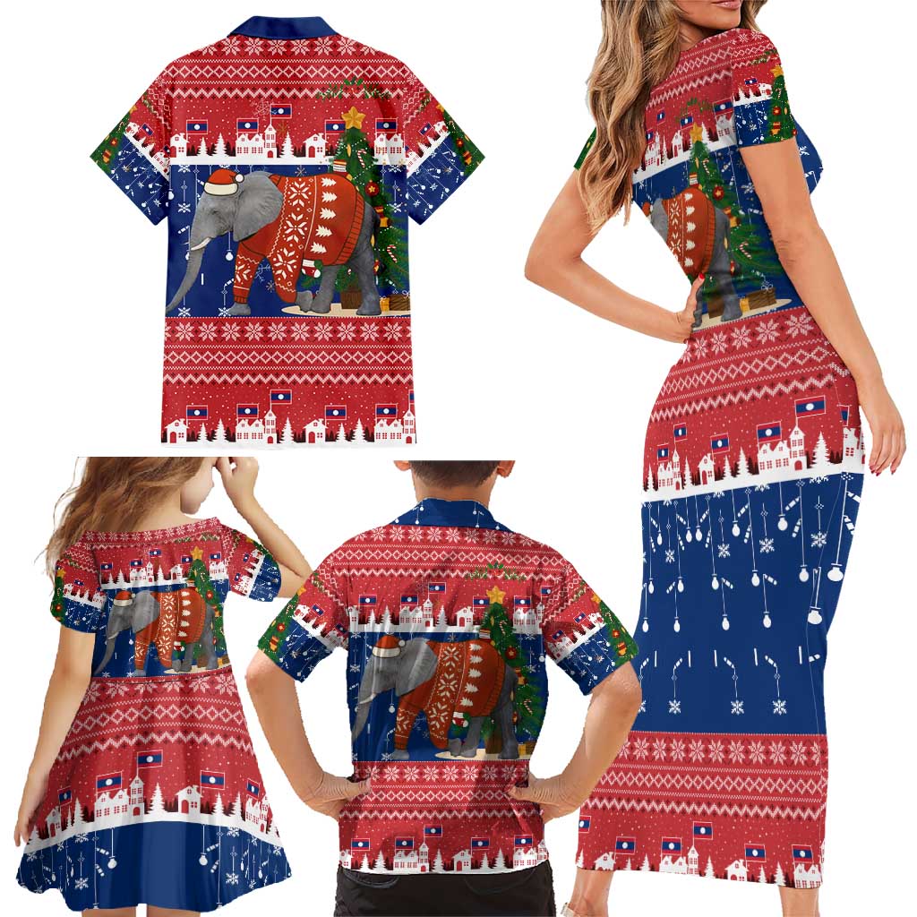 Laos Christmas Family Matching Short Sleeve Bodycon Dress and Hawaiian Shirt with Festive Elephant Design and Holiday Village Pattern - Wonder Print Shop