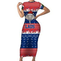 Laos Christmas Family Matching Short Sleeve Bodycon Dress and Hawaiian Shirt with Festive Elephant Design and Holiday Village Pattern - Wonder Print Shop