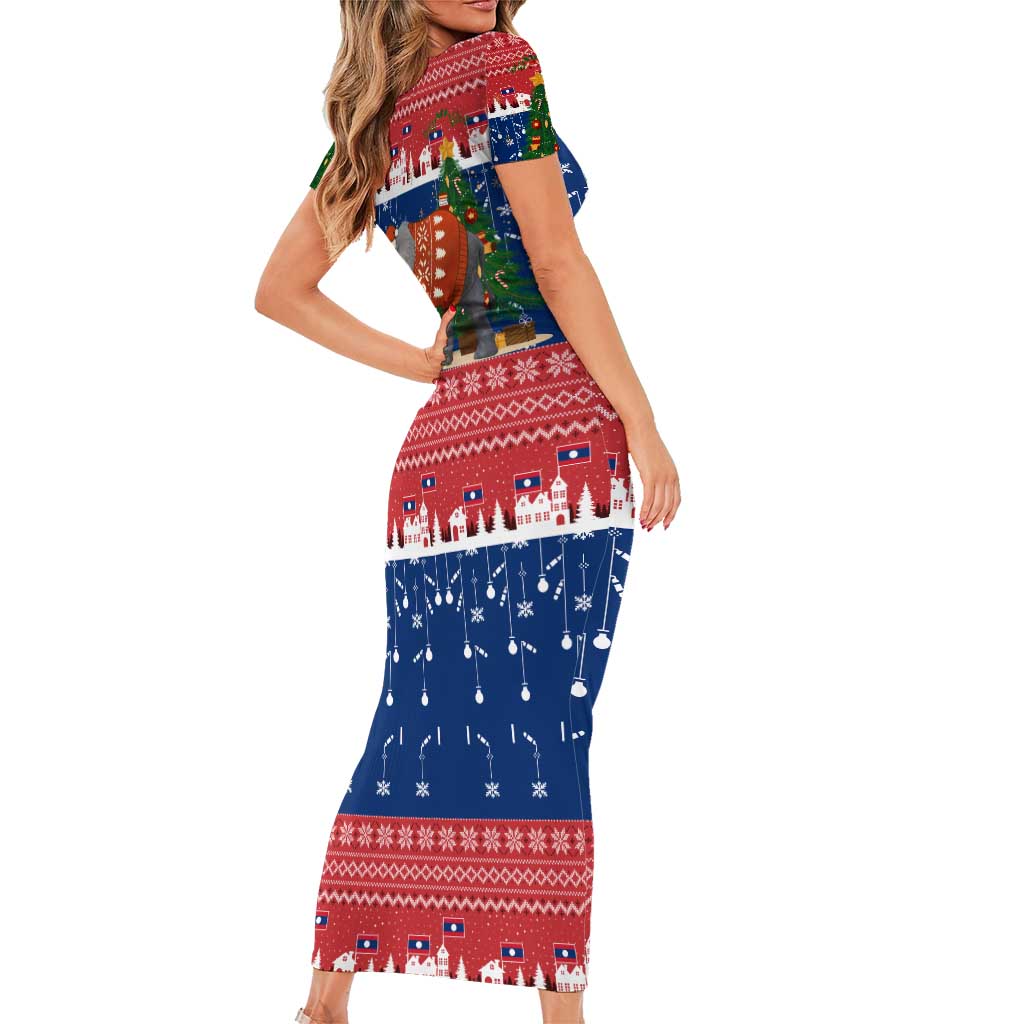 Laos Christmas Family Matching Short Sleeve Bodycon Dress and Hawaiian Shirt with Festive Elephant Design and Holiday Village Pattern - Wonder Print Shop