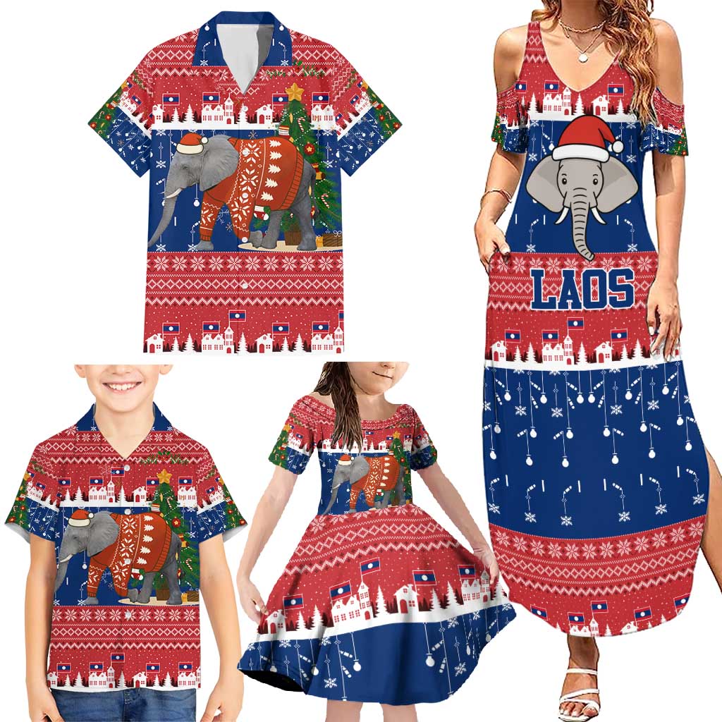 Laos Christmas Family Matching Summer Maxi Dress and Hawaiian Shirt with Festive Elephant Design and Holiday Village Pattern - Wonder Print Shop