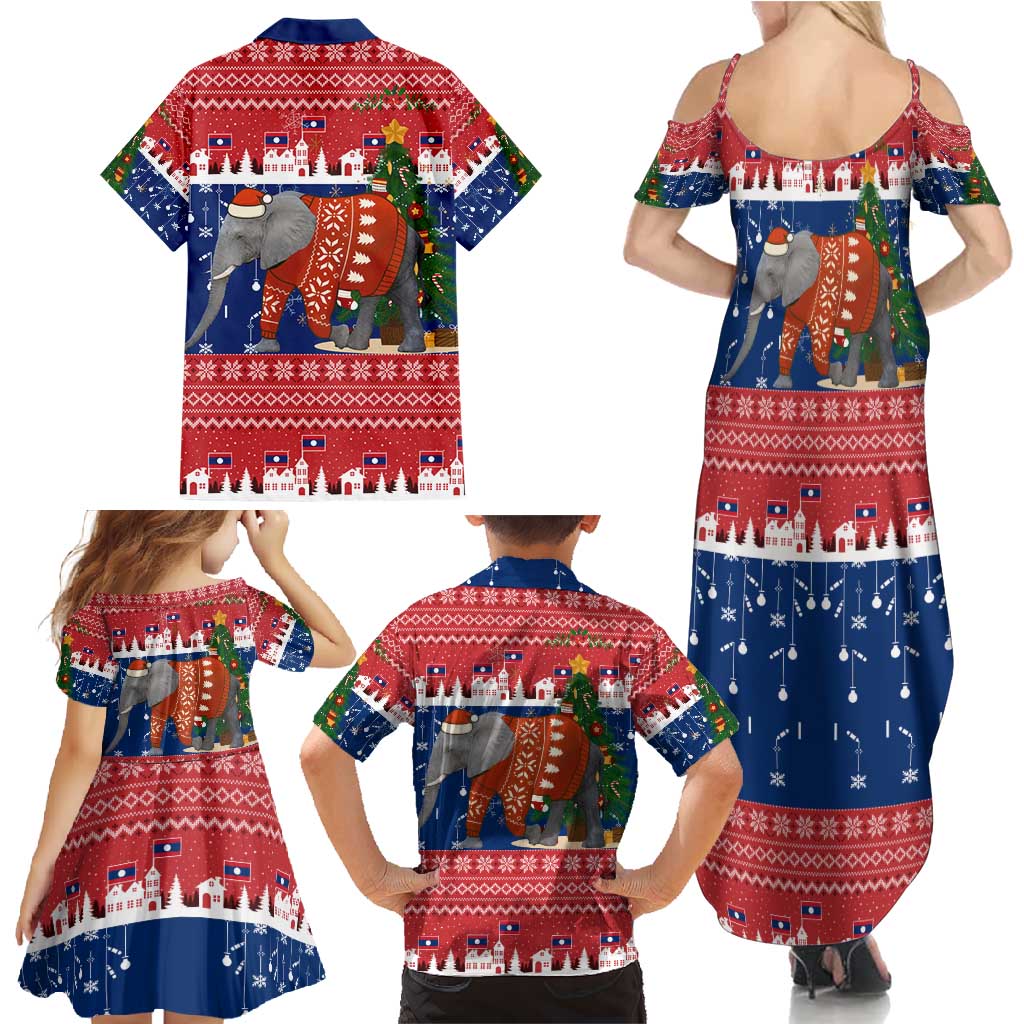 Laos Christmas Family Matching Summer Maxi Dress and Hawaiian Shirt with Festive Elephant Design and Holiday Village Pattern - Wonder Print Shop