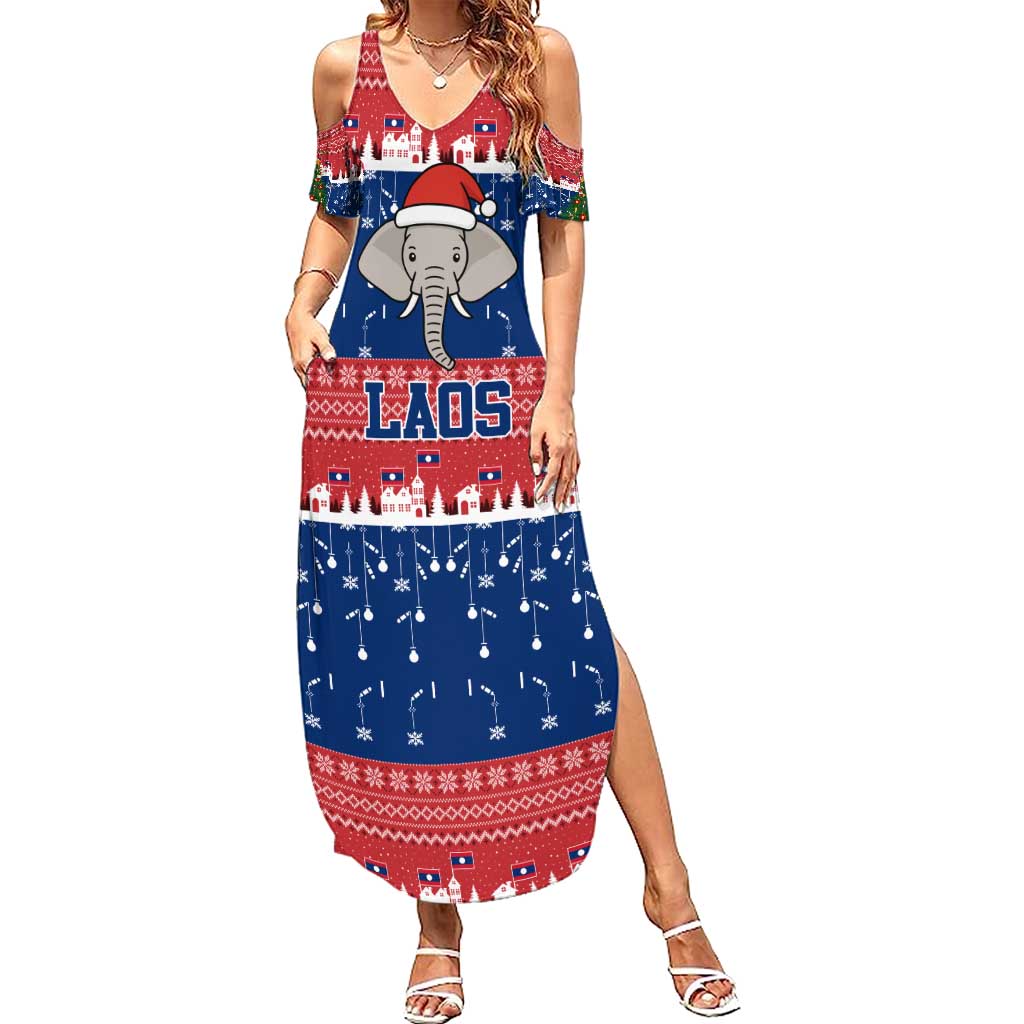 Laos Christmas Family Matching Summer Maxi Dress and Hawaiian Shirt with Festive Elephant Design and Holiday Village Pattern - Wonder Print Shop