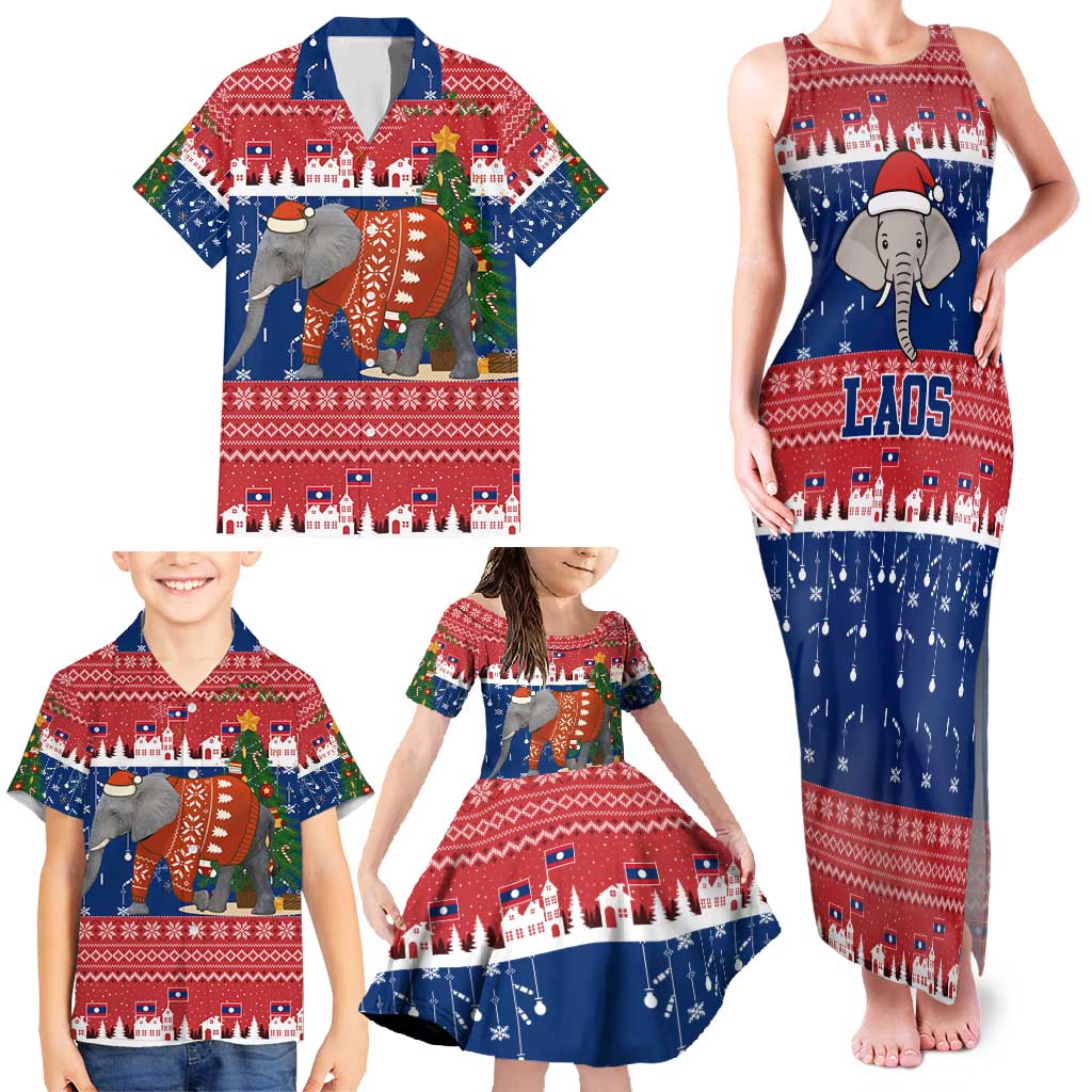 Laos Christmas Family Matching Tank Maxi Dress and Hawaiian Shirt with Festive Elephant Design and Holiday Village Pattern - Wonder Print Shop