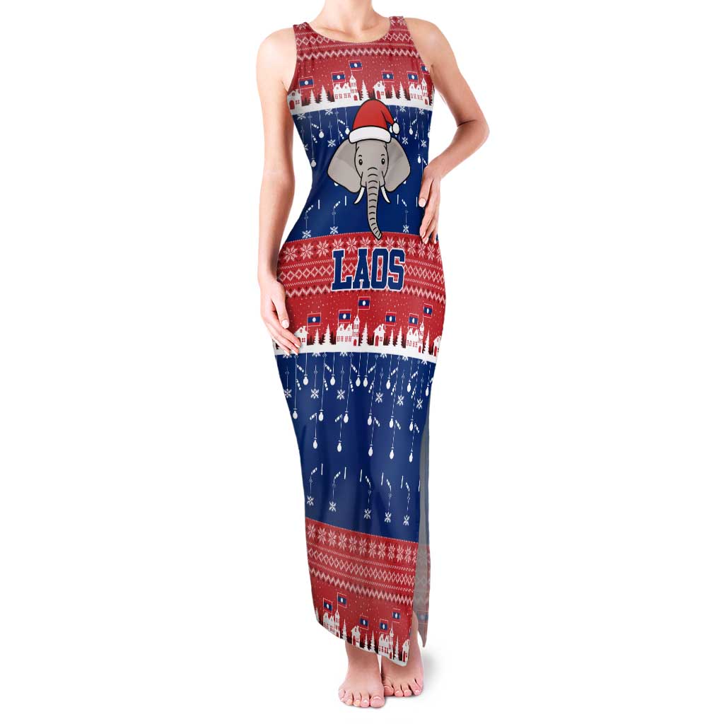 Laos Christmas Family Matching Tank Maxi Dress and Hawaiian Shirt with Festive Elephant Design and Holiday Village Pattern - Wonder Print Shop