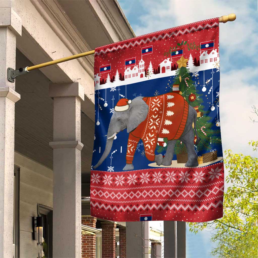 Laos Christmas Garden Flag with Festive Elephant Design and Holiday Village Pattern - Wonder Print Shop
