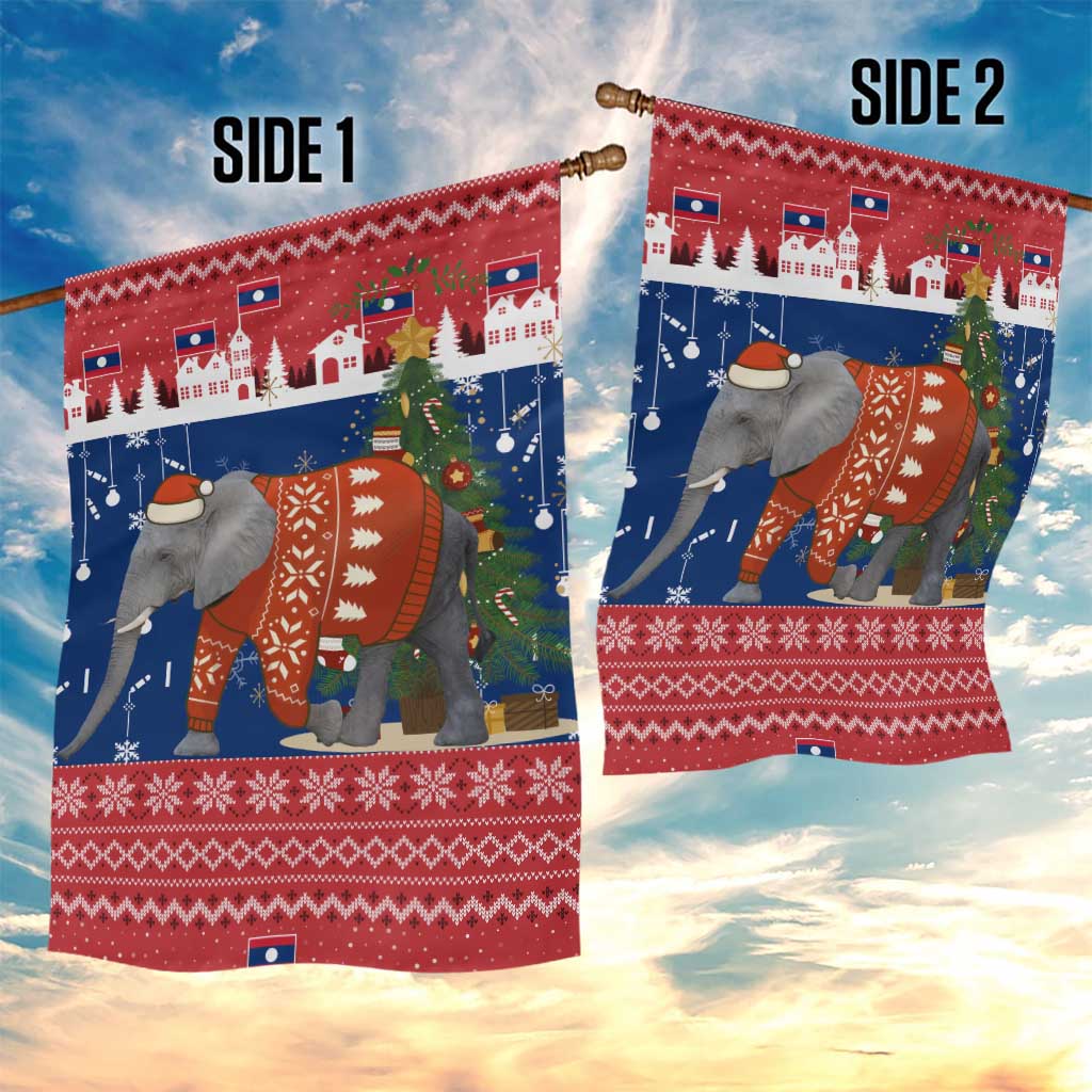 Laos Christmas Garden Flag with Festive Elephant Design and Holiday Village Pattern - Wonder Print Shop