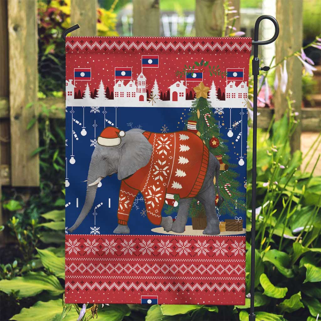 Laos Christmas Garden Flag with Festive Elephant Design and Holiday Village Pattern - Wonder Print Shop