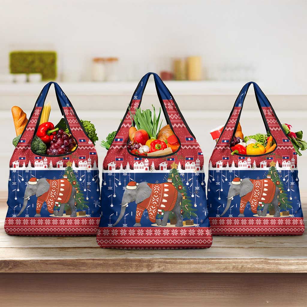 Laos Christmas Grocery Bag with Festive Elephant Design and Holiday Village Pattern - Wonder Print Shop