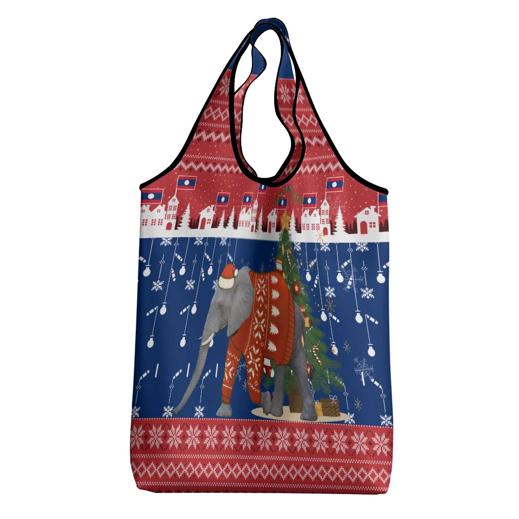 Laos Christmas Grocery Bag with Festive Elephant Design and Holiday Village Pattern - Wonder Print Shop