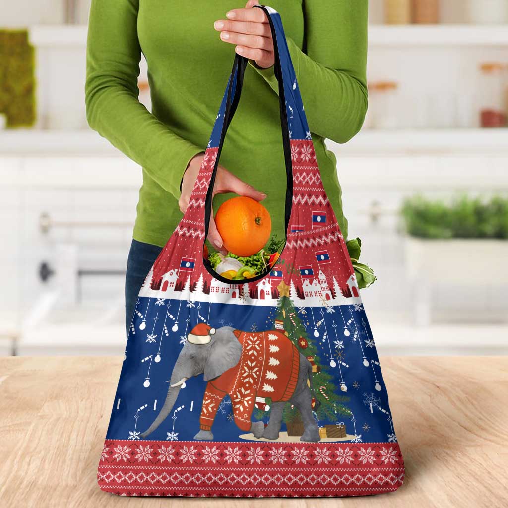 Laos Christmas Grocery Bag with Festive Elephant Design and Holiday Village Pattern - Wonder Print Shop