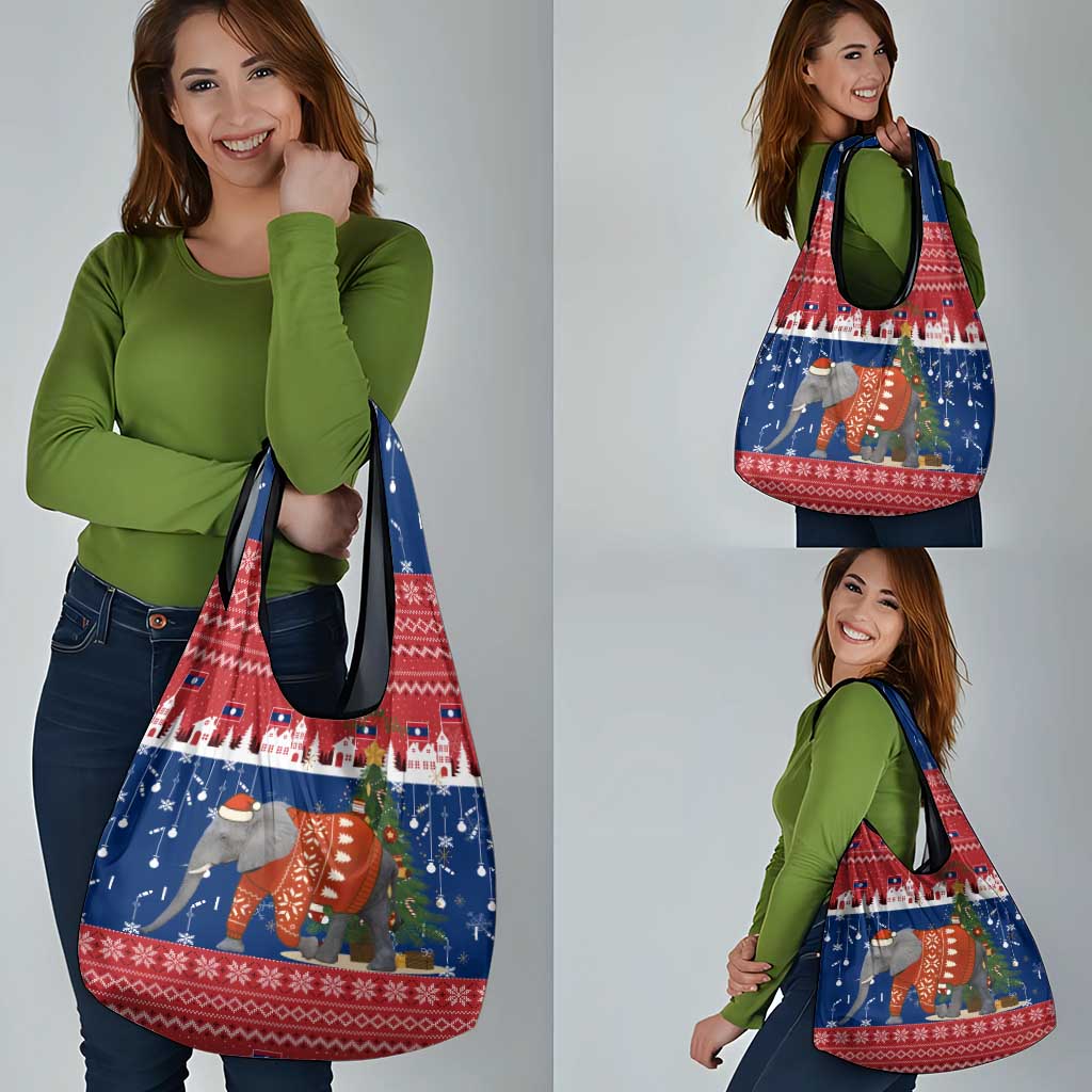 Laos Christmas Grocery Bag with Festive Elephant Design and Holiday Village Pattern - Wonder Print Shop