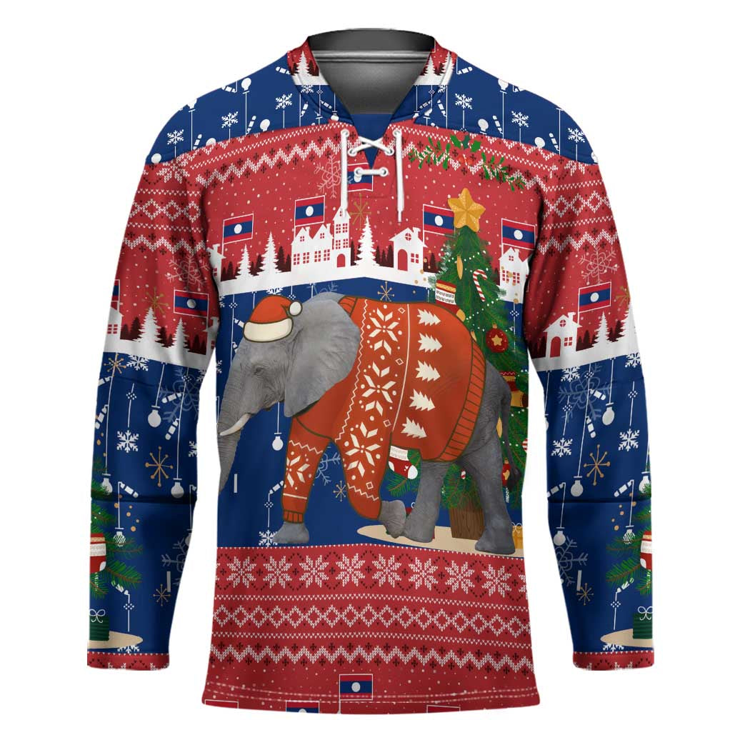Laos Christmas Hockey Jersey with Festive Elephant Design and Holiday Village Pattern - Wonder Print Shop