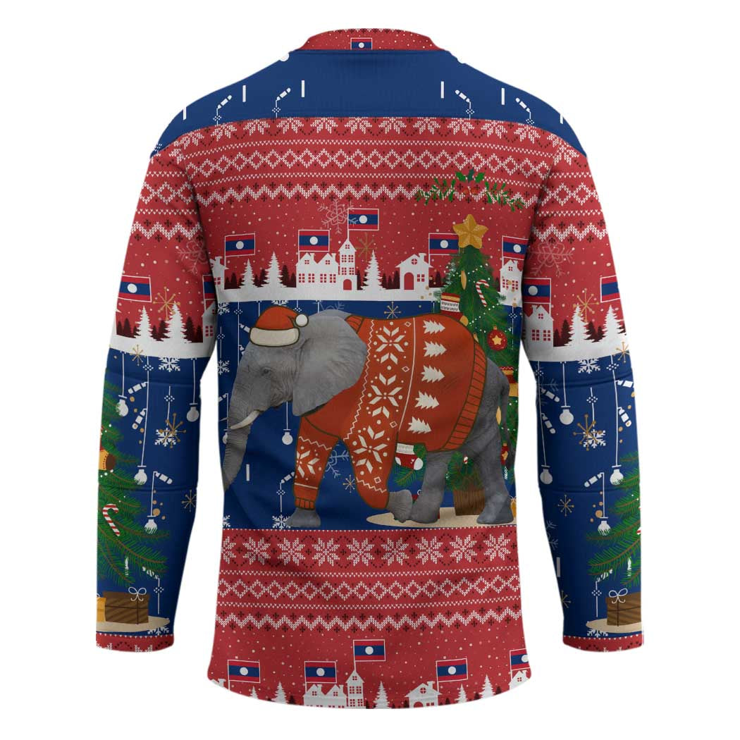 Laos Christmas Hockey Jersey with Festive Elephant Design and Holiday Village Pattern - Wonder Print Shop