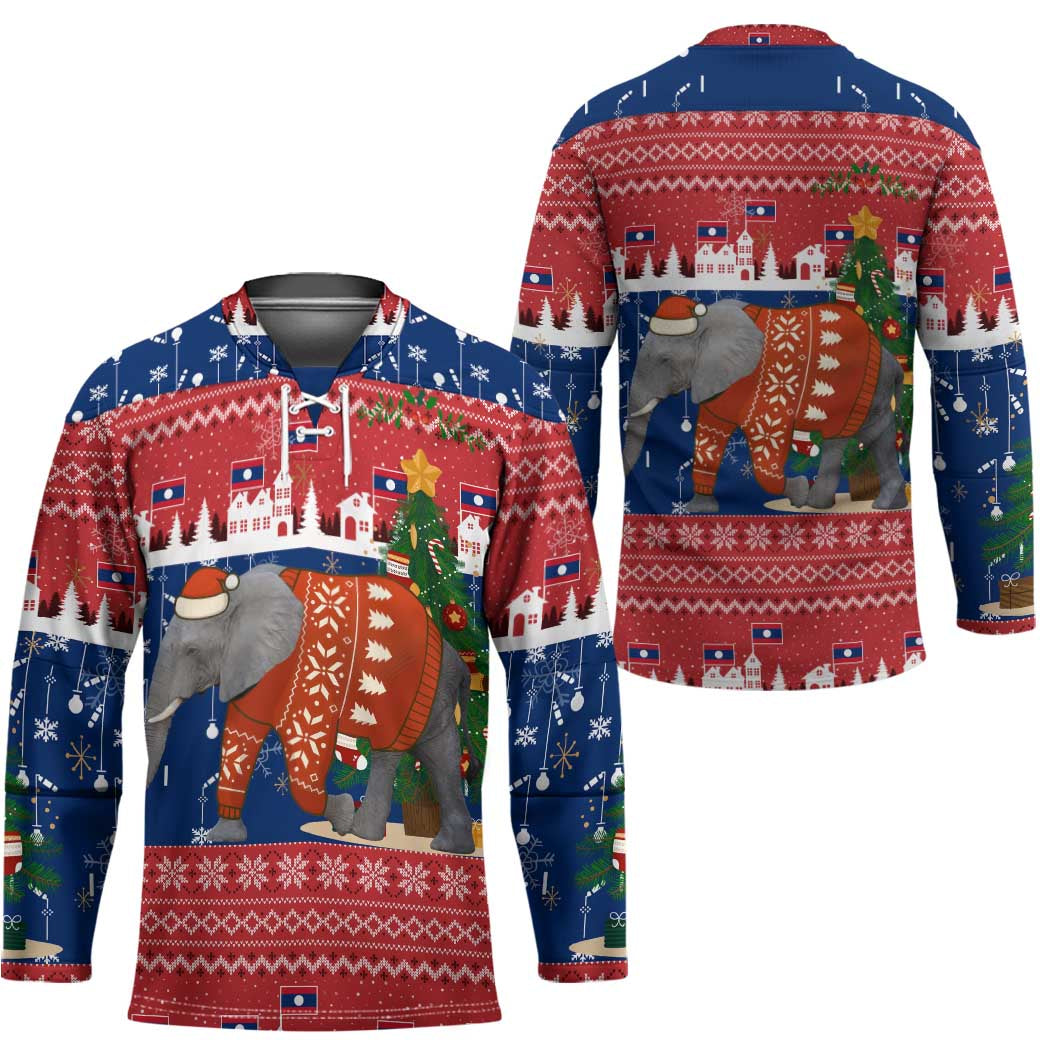 Laos Christmas Hockey Jersey with Festive Elephant Design and Holiday Village Pattern - Wonder Print Shop