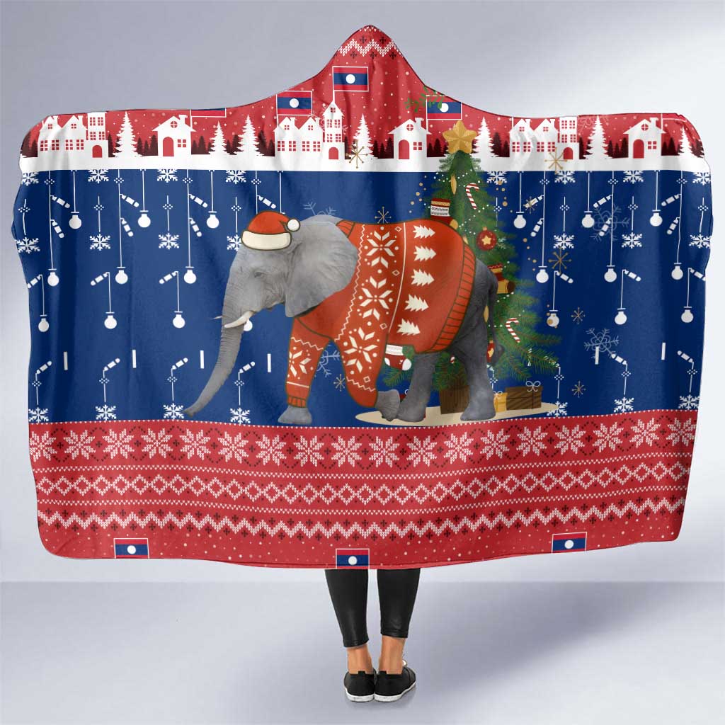 Laos Christmas Hooded Blanket with Festive Elephant Design and Holiday Village Pattern - Wonder Print Shop