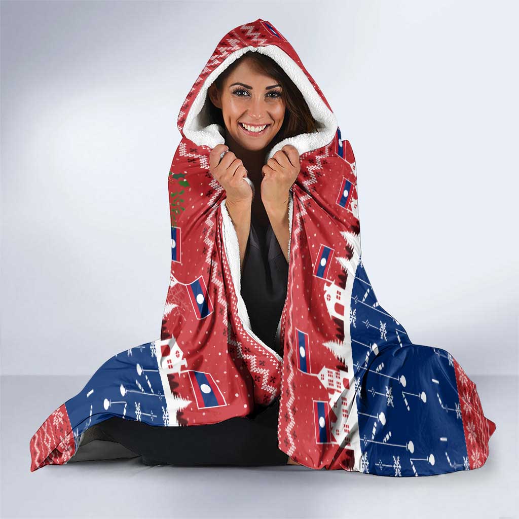 Laos Christmas Hooded Blanket with Festive Elephant Design and Holiday Village Pattern - Wonder Print Shop