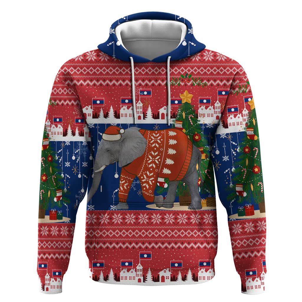 Laos Christmas Hoodie with Festive Elephant Design and Holiday Village Pattern - Wonder Print Shop