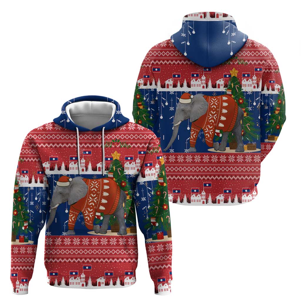 Laos Christmas Hoodie with Festive Elephant Design and Holiday Village Pattern - Wonder Print Shop