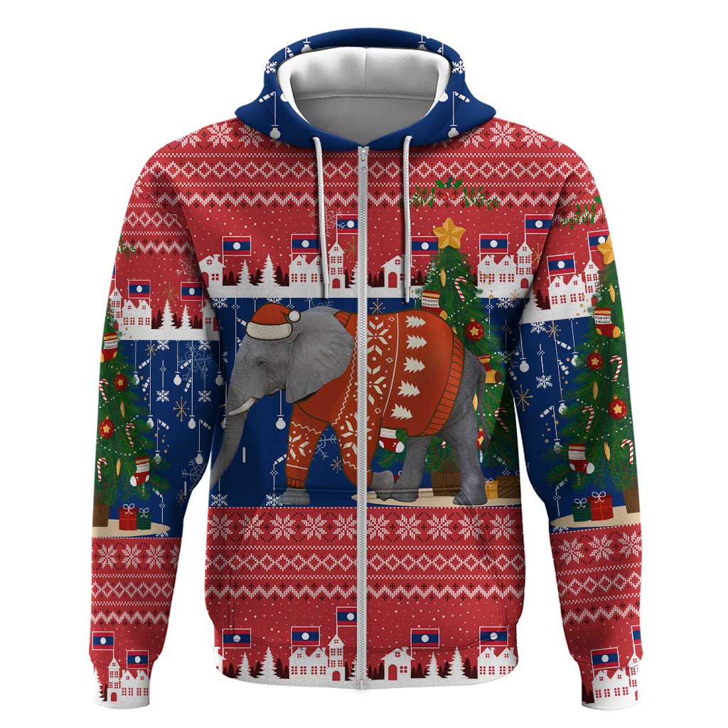 Laos Christmas Hoodie with Festive Elephant Design and Holiday Village Pattern - Wonder Print Shop