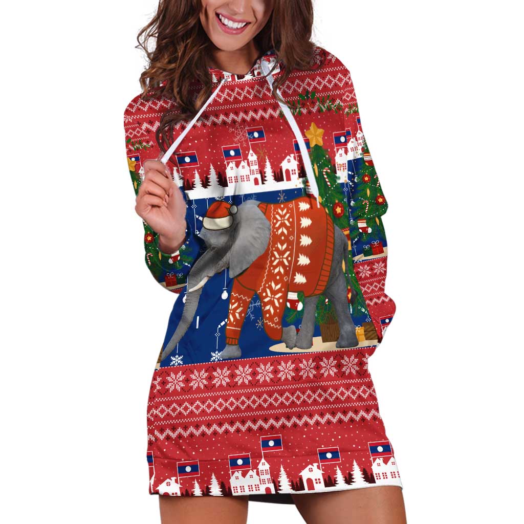 Laos Christmas Hoodie Dress with Festive Elephant Design and Holiday Village Pattern - Wonder Print Shop