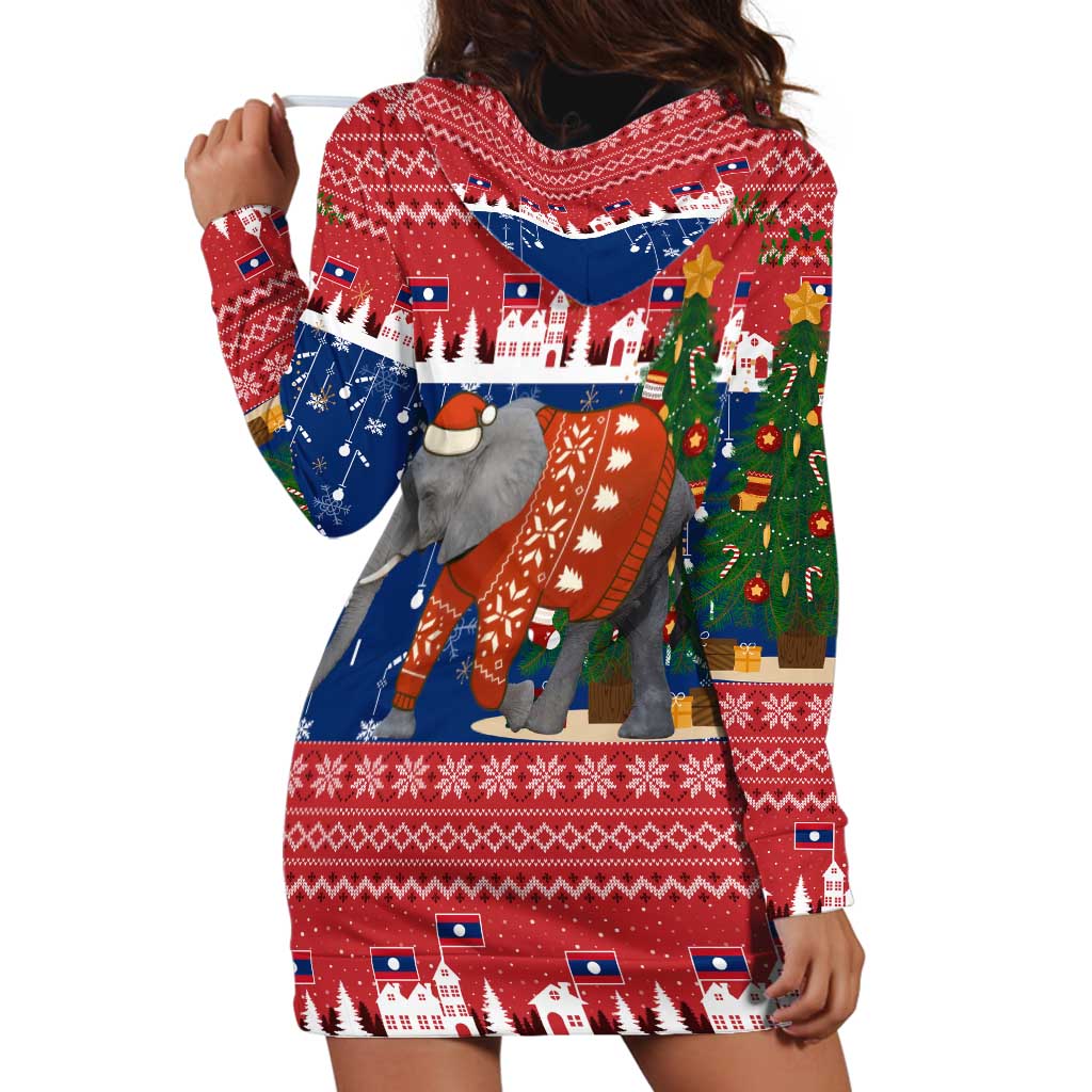 Laos Christmas Hoodie Dress with Festive Elephant Design and Holiday Village Pattern