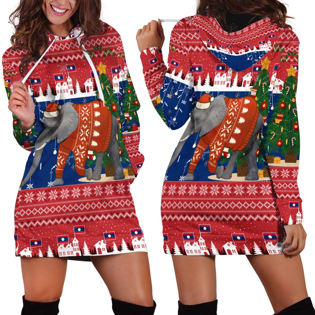 Laos Christmas Hoodie Dress with Festive Elephant Design and Holiday Village Pattern - Wonder Print Shop