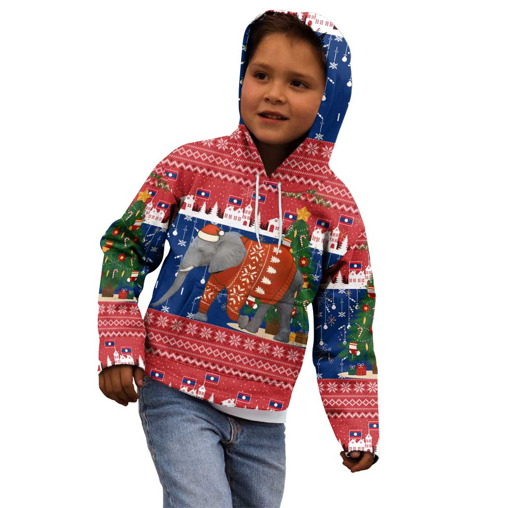 Laos Christmas Kid Hoodie with Festive Elephant Design and Holiday Village Pattern - Wonder Print Shop