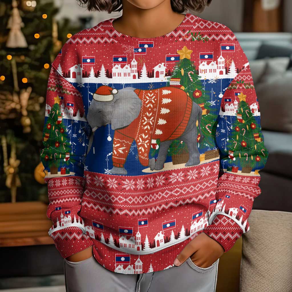 Laos Christmas Kid Ugly Christmas Sweater with Festive Elephant Design and Holiday Village Pattern - Wonder Print Shop