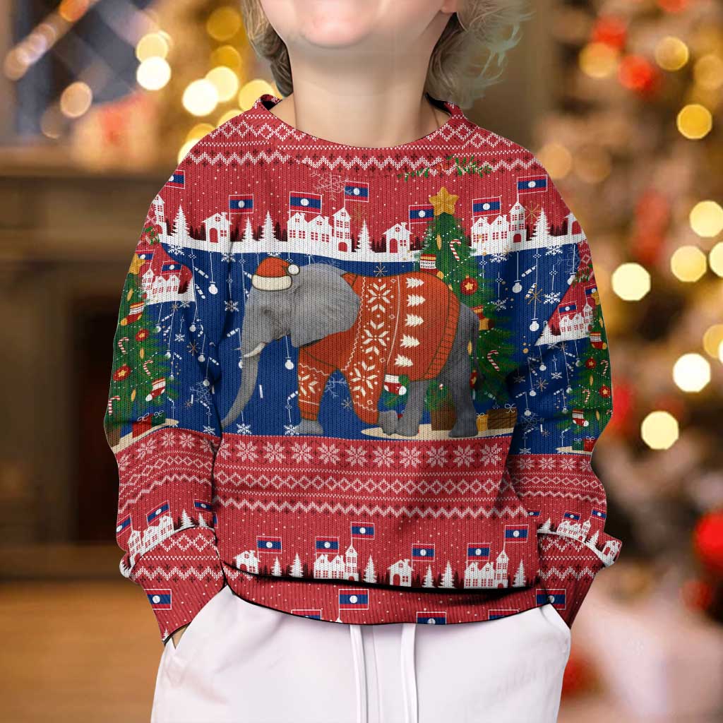 Laos Christmas Kid Ugly Christmas Sweater with Festive Elephant Design and Holiday Village Pattern - Wonder Print Shop