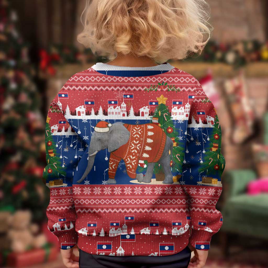 Laos Christmas Kid Ugly Christmas Sweater with Festive Elephant Design and Holiday Village Pattern - Wonder Print Shop