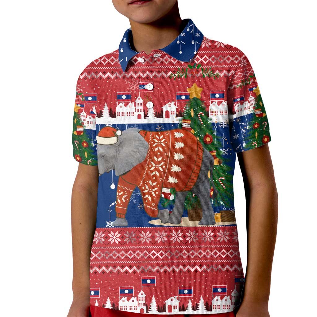 Laos Christmas Kid Polo Shirt with Festive Elephant Design and Holiday Village Pattern - Wonder Print Shop