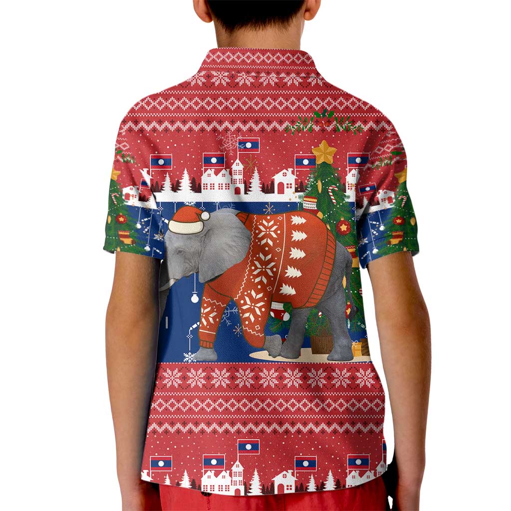 Laos Christmas Kid Polo Shirt with Festive Elephant Design and Holiday Village Pattern - Wonder Print Shop