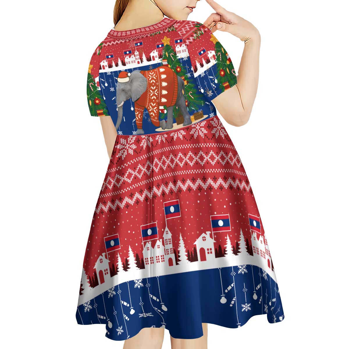 Laos Christmas Kid Short Sleeve Dress with Festive Elephant Design and Holiday Village Pattern - Wonder Print Shop