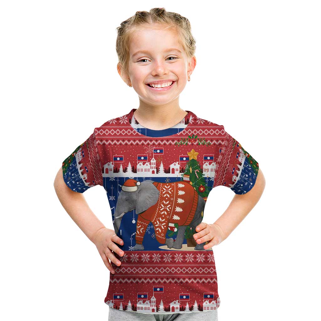 Laos Christmas Kid T Shirt with Festive Elephant Design and Holiday Village Pattern - Wonder Print Shop