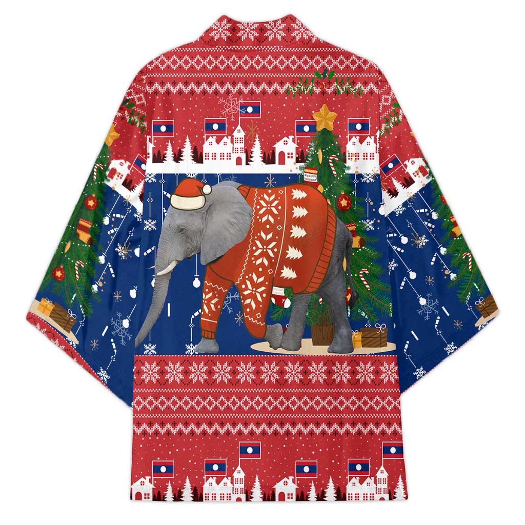 Laos Christmas Kimono with Festive Elephant Design and Holiday Village Pattern - Wonder Print Shop