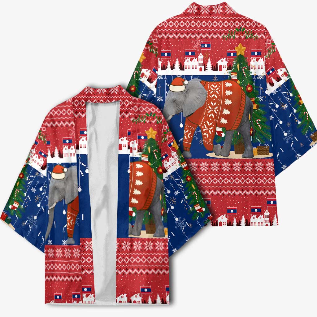 Laos Christmas Kimono with Festive Elephant Design and Holiday Village Pattern - Wonder Print Shop
