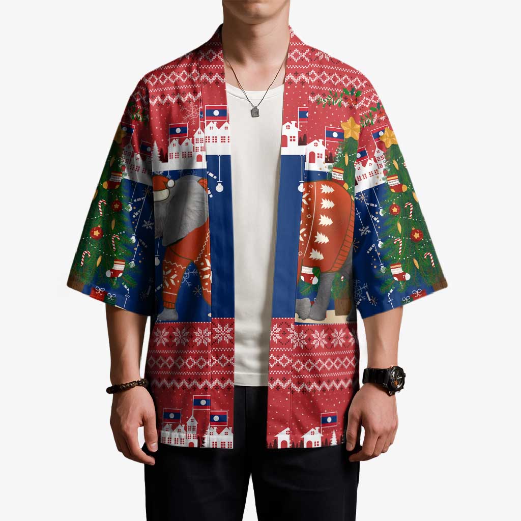 Laos Christmas Kimono with Festive Elephant Design and Holiday Village Pattern - Wonder Print Shop