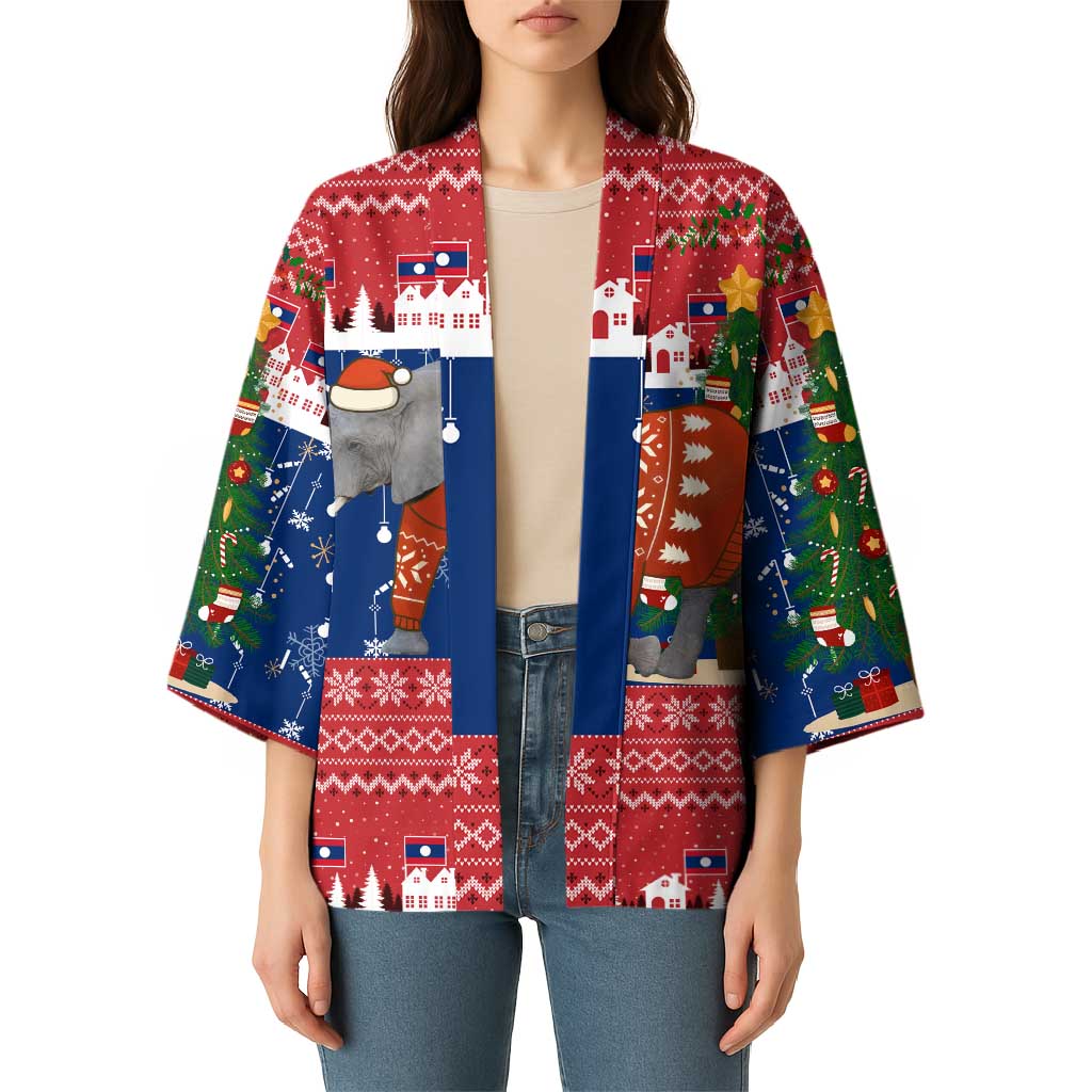 Laos Christmas Kimono with Festive Elephant Design and Holiday Village Pattern - Wonder Print Shop
