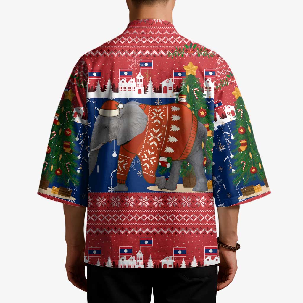 Laos Christmas Kimono with Festive Elephant Design and Holiday Village Pattern - Wonder Print Shop