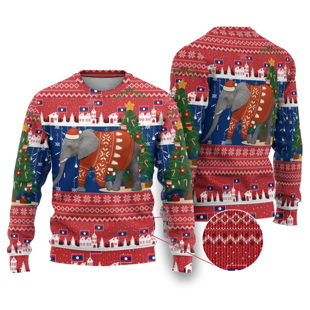 Laos Christmas Ugly Christmas Sweater with Festive Elephant Design and Holiday Village Pattern - Wonder Print Shop