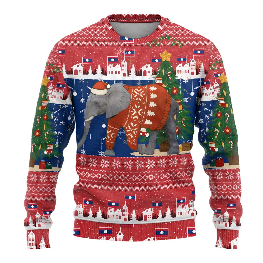 Laos Christmas Ugly Christmas Sweater with Festive Elephant Design and Holiday Village Pattern - Wonder Print Shop