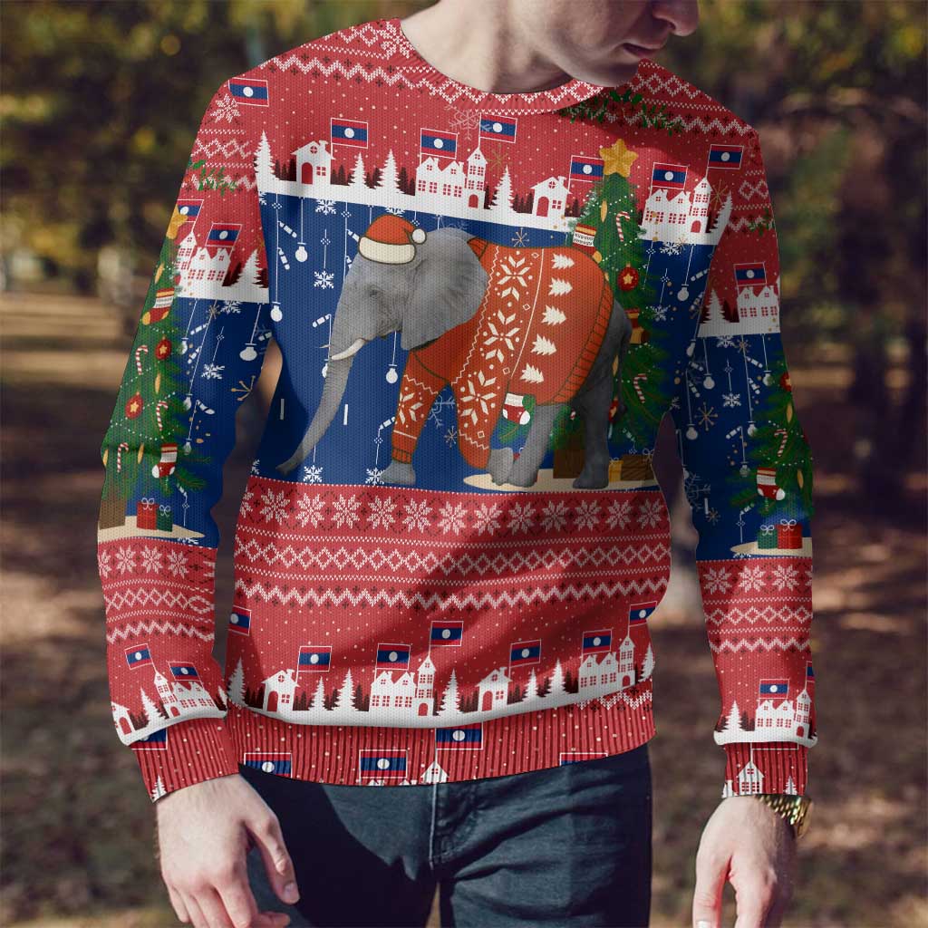 Laos Christmas Ugly Christmas Sweater with Festive Elephant Design and Holiday Village Pattern - Wonder Print Shop