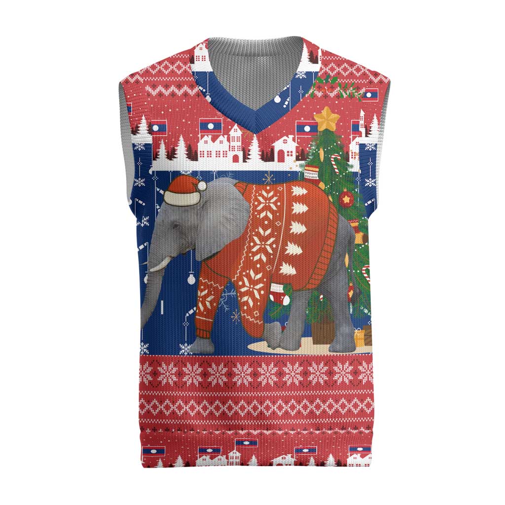 Laos Christmas Knitted V-Neck Vest with Festive Elephant Design and Holiday Village Pattern - Wonder Print Shop