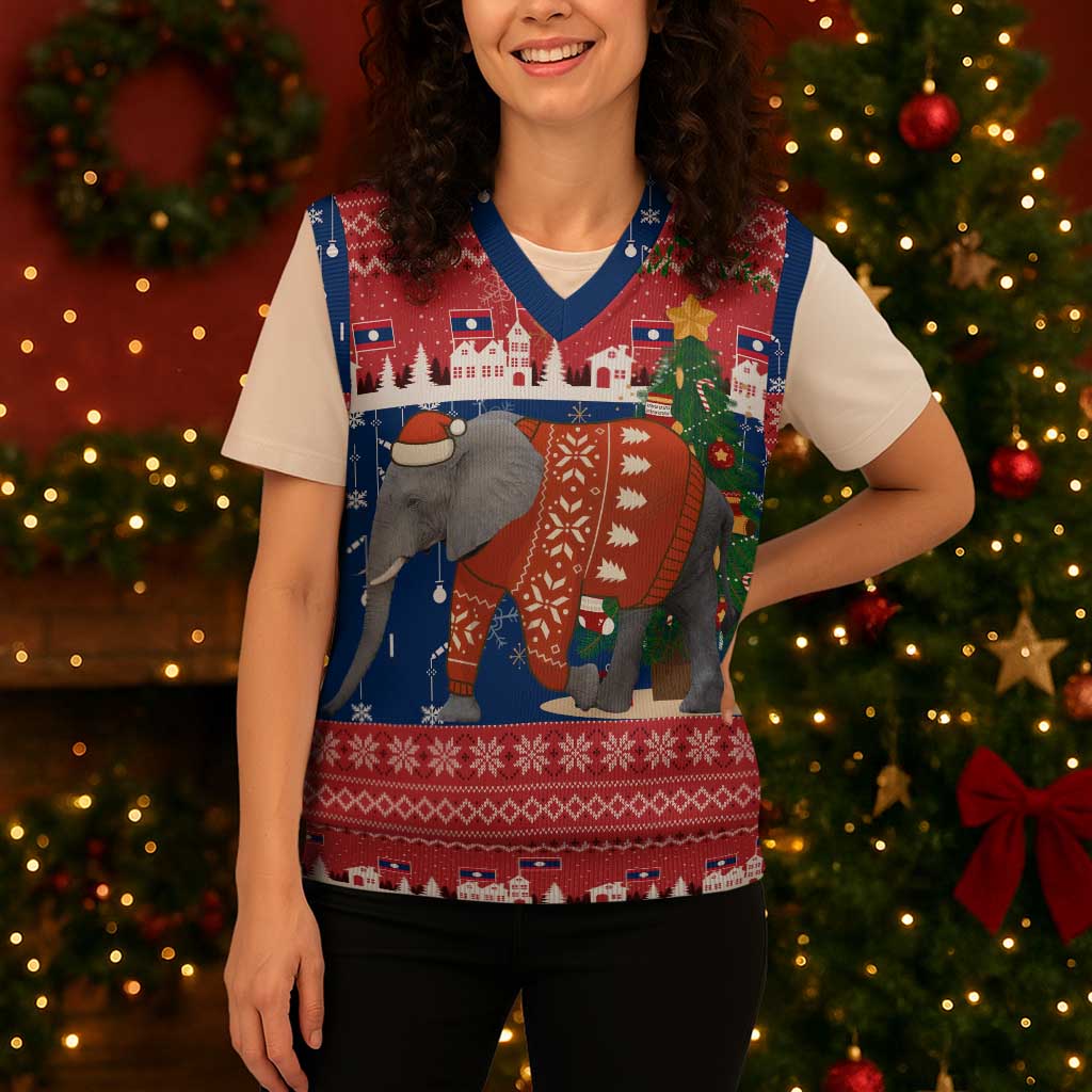 Laos Christmas Knitted V-Neck Vest with Festive Elephant Design and Holiday Village Pattern - Wonder Print Shop