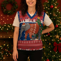 Laos Christmas Knitted V-Neck Vest with Festive Elephant Design and Holiday Village Pattern - Wonder Print Shop