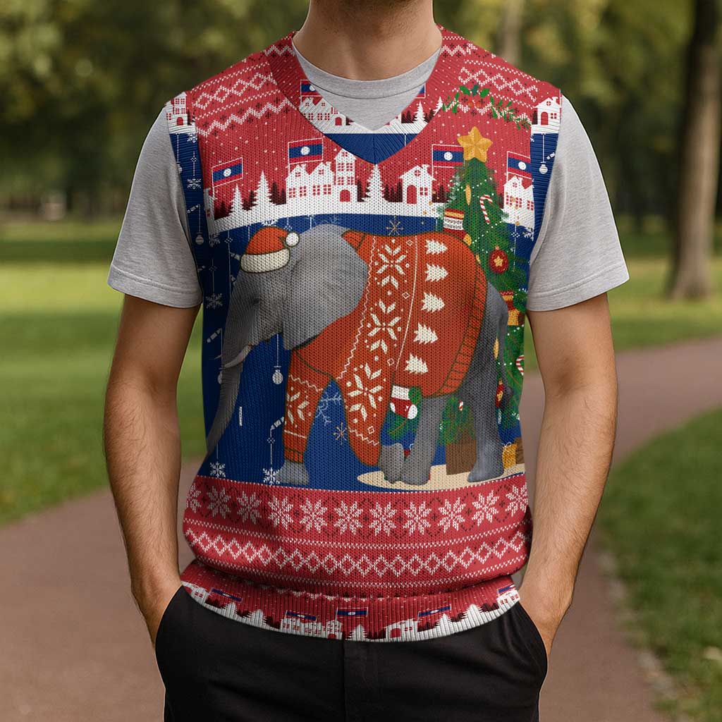 Laos Christmas Knitted V-Neck Vest with Festive Elephant Design and Holiday Village Pattern - Wonder Print Shop