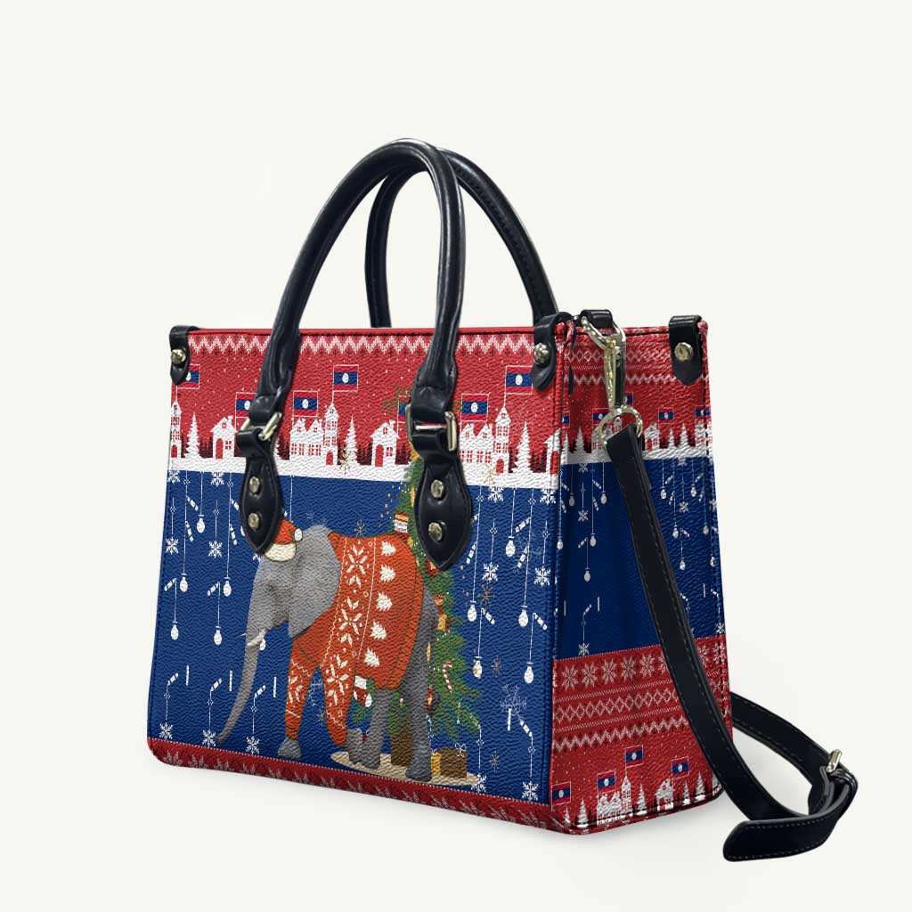 Laos Christmas Leather Bag with Festive Elephant Design and Holiday Village Pattern - Wonder Print Shop