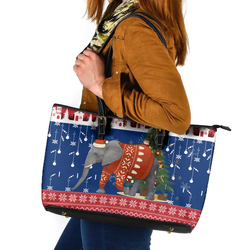 Laos Christmas Leather Tote Bag with Festive Elephant Design and Holiday Village Pattern - Wonder Print Shop
