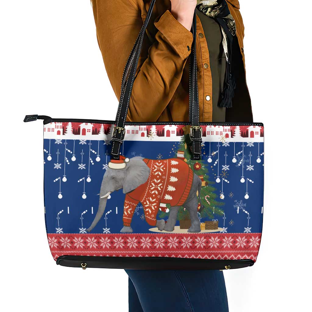 Laos Christmas Leather Tote Bag with Festive Elephant Design and Holiday Village Pattern - Wonder Print Shop